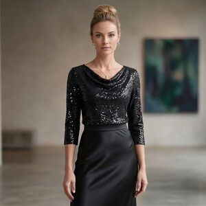 Eileen Fisher 100% Silk Sequin Cowl Neck Blouse 3/4 Sleeve Quiet Luxury Black S